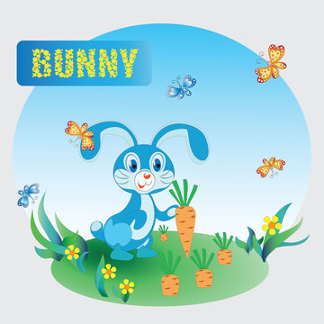 Fun Bunny and carrot . Zoo. A child's drawing. Blue Bunny. The cartoon characters. Design for sample, emblems, children's books, the background image.