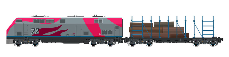 Pink Locomotive with Railway Platform for Timber Transportation, Train on White Background, Railway and Cargo Transport, Vector Illustration