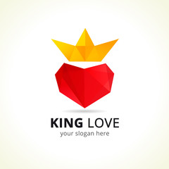 King of love vector logo. Entertainment symbol. Heart and crown, red and yellow colored. Celebrating icon.