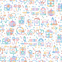 Party celebration seamless pattern. Birthday, holidays, event, carnival festive. Party decor elements thin icons. Colorful vector illustration. Line background. Texture. Mask gifts cake cocktail