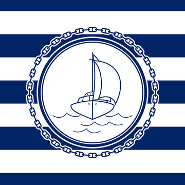 Sea Emblem on a Striped Marine Background, a Sailboat in Line Style, Vector Illustration