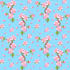  Seamless pattern with blooming Japanese cherry branch, flowers and petals of cherry blossoms on a blue background.
