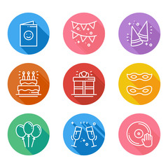 Fototapeta premium Party celebration thin line icons set. Birthday, holidays, event, carnival festive. Basic party elements icons collection. Vector simple linear design. Illustration. Symbols. Mask gifts cake cocktail