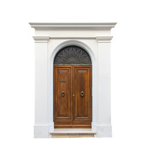 Wooden door in an old Italian house, isolated on white background, clipping path.