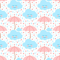 Seamless pattern with cloud umbrella, rain drops and hearts.