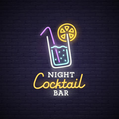 Cocktail neon sign, bright signboard, light banner. Cocktail logo, emblem