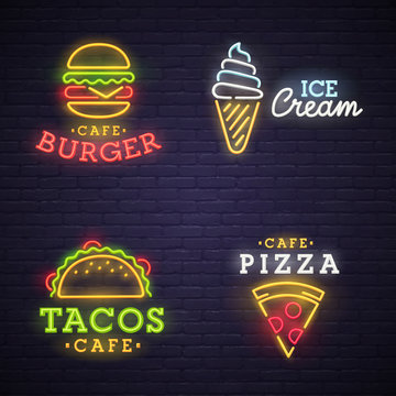 Burger neon sign. Ice cream neon sign. Nacos neon sign. Pizza neon sign.