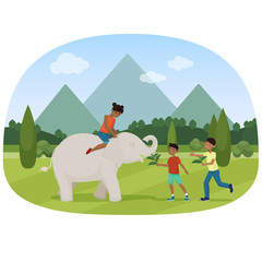 Obraz na płótnie Canvas Vector illustration of the little children feeding and riding the elephant.