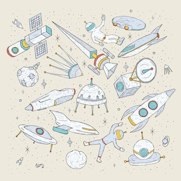 Hand drawn cartoon space planets,shuttles, rockets, satellites, cosmonaut and other elements. Set doodles cosmic symbols and objects.
