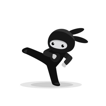 Kicking cute bunny ninja isolated on white background