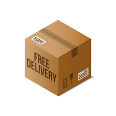 Free Delivery icon. Isometric cardboard box sealed with Tape Dispenser. 3D vector warehouse object isolated on white. Shipping, packaging concept. Storage items. Brown carton, crate. Logistic theme