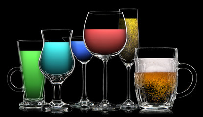 Set of multicolor different drinks in various glasses on black background