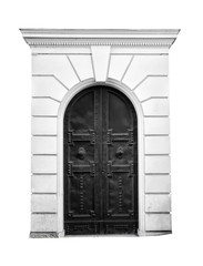 Wooden door in an old Italian house, isolated on white background, clipping path. Black and white.