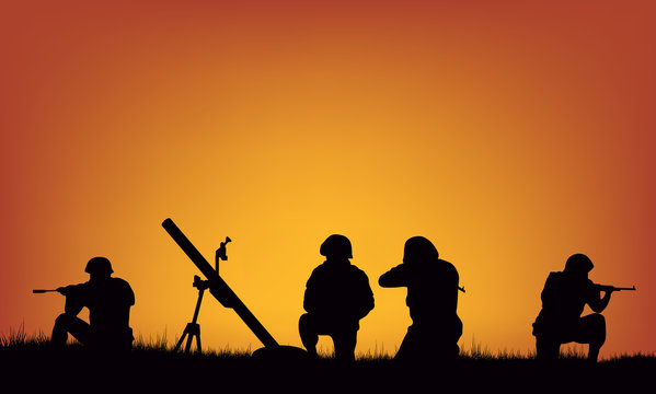Illustration, soldiers near mortar.