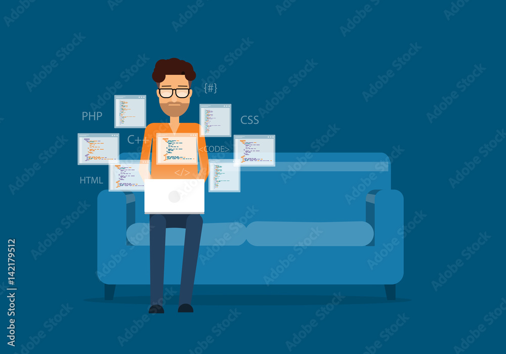 Aufkleber flat vector people programing develop web site and create application concept and businessman working on sofa
