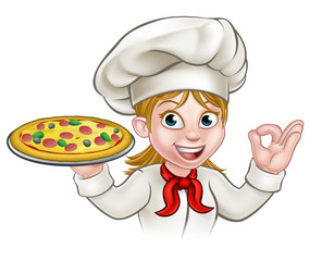 Cartoon Chef Woman and Pizza