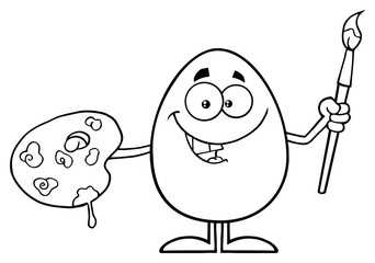 Black And White Smiling Egg Cartoon Mascot Character Holding A Paintbrush And Palette. llustration Isolated On White Background