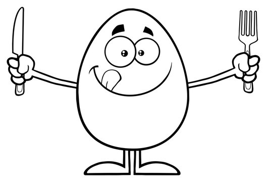 Black And White Cute Egg Cartoon Mascot Character Licking His Lips And Holding Silverware. Illustration Isolated On White Background