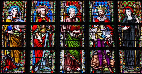 Stained Glass in Brussels Sablon Church - Catholic Saints - 142180963