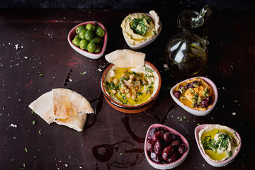 Variety of middle east meze: hummus
