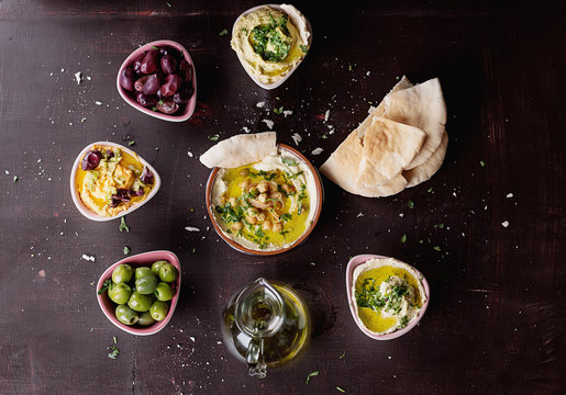 Variety of middle east meze: hummus