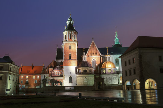 Night view of the Cathedral of St. Stanislaus and St. Wenceslas and the Royal Castle on Wawel hill, Krakow, Poland