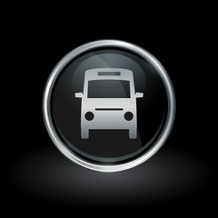 Public transport symbol with passenger bus icon inside round chrome silver and black button emblem on black background. Vector illustration.