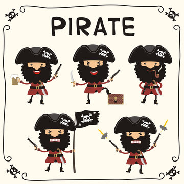 Set pirate in cartoon style. Collection isolated pirate with black beard in black cocked hat with skull.