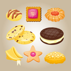 Different cookie homemade breakfast bake cakes isolated and tasty snack biscuit pastry delicious sweet dessert bakery eating vector illustration.