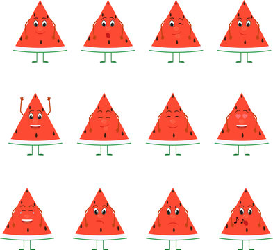 Emoticons fruit vector set. Emoji cute Watermelon with face.