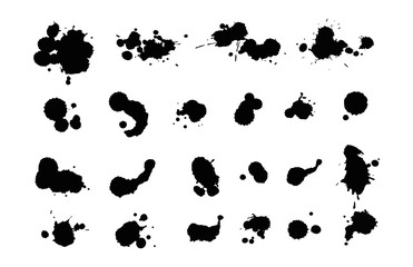 Vector set of ink splashes blots splatter collection grunge design element and art messy backdrop color dirty liquid shape spatter black white silhouette illustration