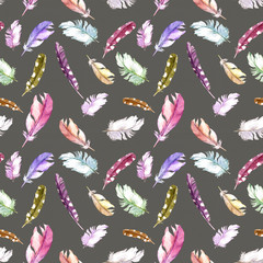Fototapeta premium Feathers pattern for wallpaper design. Watercolor seamless background. 