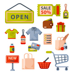 Supermarket grocery shopping retro cartoon icons set with customers carts baskets food and commerce products isolated vector illustration.