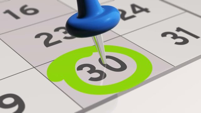 Pin on the date number 30. The thirtieth day of the month is marked with a blue thumbtack. 4K video animation.