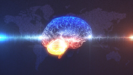 Brain wave - profile view of CGI rendered brain with electrical current running through it in front of digital map of the Earth - 142184928