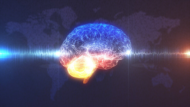 Brain wave - profile view of CGI rendered brain with electrical current running through it in front of digital map of the Earth