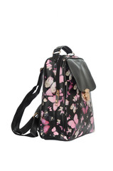 Black backpack with butterflies pattern isolated on white