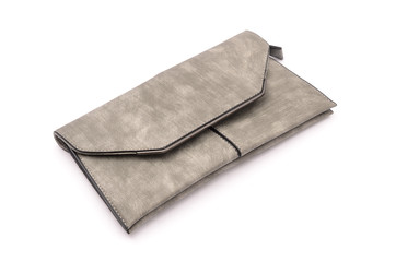 Gray leather clutch isolated on white