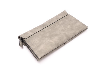 Gray leather clutch isolated on white
