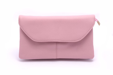 Pink leather clutch isolated on white