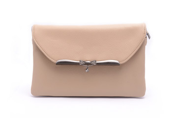 Beige leather clutch isolated on white