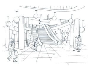 Modern interior shopping center, mall. Contour sketch illustration.