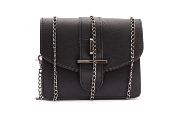 Black leather clutch with chain isolated on white