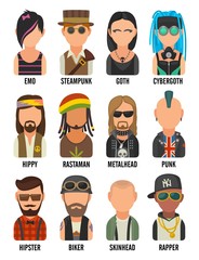 Set icon different subcultures people. Hipster, raper, emo, rastafarian, punk, biker, goth, hippy, metalhead, steampunk, skinhead, cybergoth.