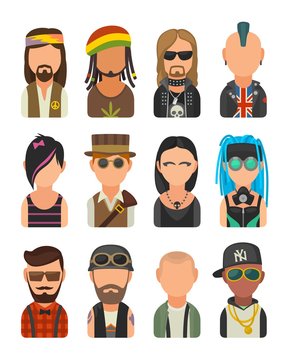 Set icon different subcultures people. Hipster, raper, emo, rastafarian, punk, biker, goth, hippy, metalhead, steampunk, skinhead, cybergoth.