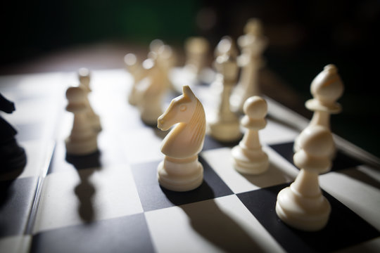 White pieces on chess board, focus on knight