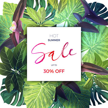 Bright green summer tropical background with exotic palm leaves and pink flowers. Modern vector floral sale template.