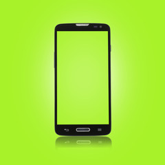 Smart phone on green background. With blank screen for mockup.