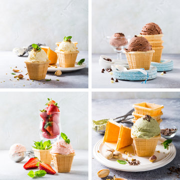Food photo collage of assorted ice cream in waffle cups, vanilla, chocolate, strawberry and pistachio. Healthy summer food concept.