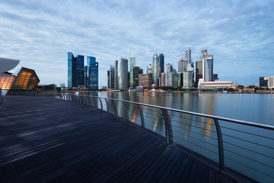 Singapore Skyline at the Marina Bay with the iconic skyscrapers of the Central Buisness District.